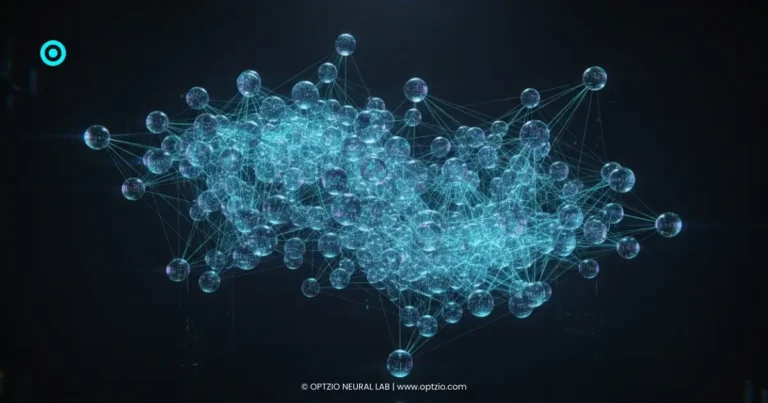 Optzio Neural Lab - Futuristic visualization of neural nodes and AI search networks redefining digital visibility in 2026.
