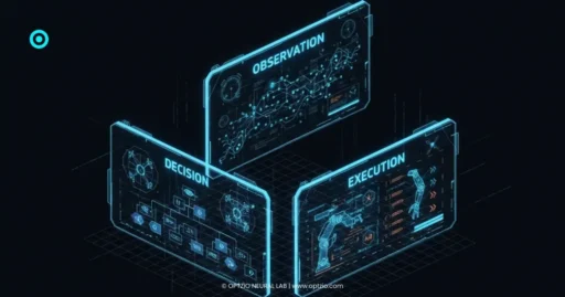 Specialized digital AI agents collaborating within a futuristic marketing ecosystem, representing the agent network layer.