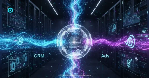 Consolidated data signals from CRM and ad platforms merging into a central neural processing hub for ROI analysis.