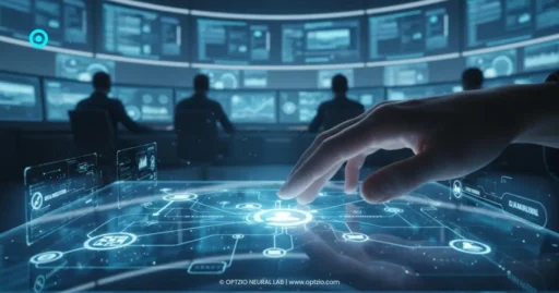 A human strategist overseeing an autonomous agency system through a high-end holographic glass interface.