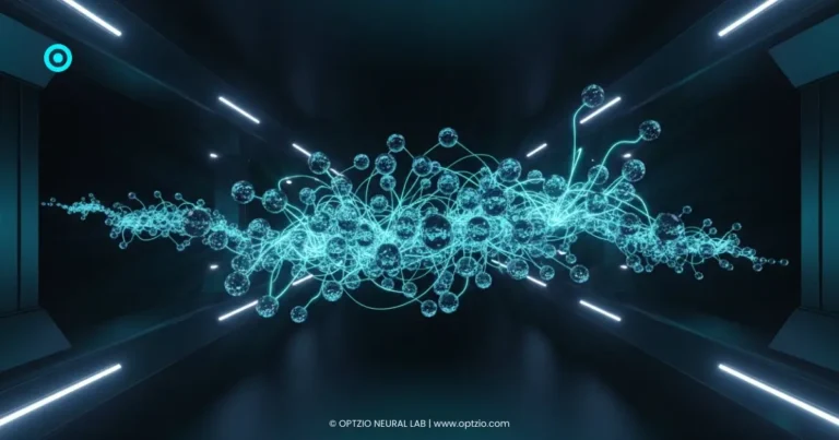 Optzio AI Workflow Orchestration - A futuristic visualization of an autonomous marketing agency system powered by self-optimizing AI agents.