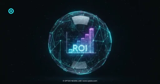 Optzio Predictive Growth - High-tech visualization of machine learning models forecasting advertising ROI using neon data clusters.