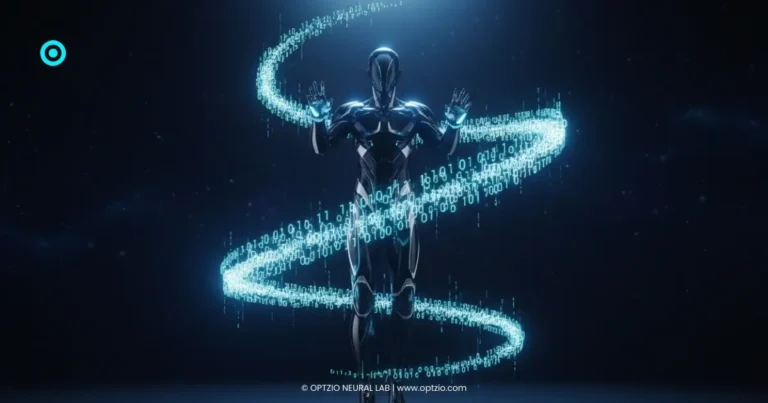 Optzio Neural Lab - A futuristic marketer orchestrating AI systems like a digital conductor directing neon energy streams.