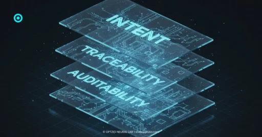 A technical 3D visualization of Optzio’s Transparency Stack, showing the layers of intent, traceability, and auditing.