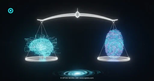 Optzio Neural Lab - The Turing Balance visualization showing the equilibrium between machine autonomy and human comprehension.