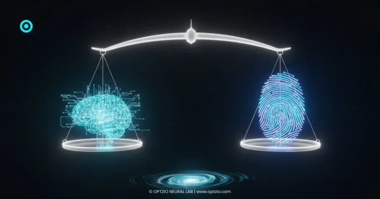 Optzio Neural Lab - The Turing Balance visualization showing the equilibrium between machine autonomy and human comprehension.