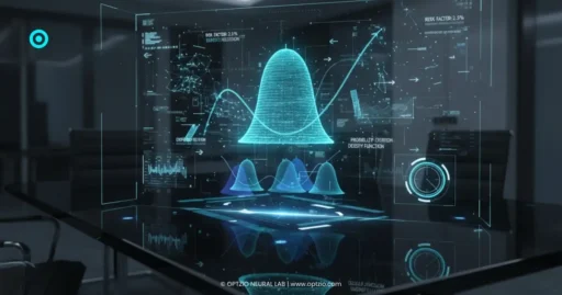 A futuristic holographic dashboard displaying probabilistic ROI outcome distributions and risk exposure analysis.