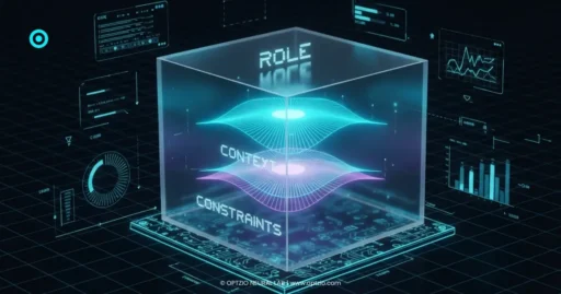 A high-tech digital blueprint showing the layers of prompt architecture, role definition, and evaluation logic.