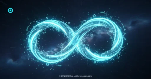 Continuous learning and self-optimization feedback loop represented by a 3D glowing neon infinity symbol in a tech lab.