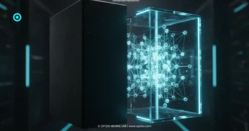 A visual contrast between an opaque black box and a transparent, glowing neural network representing radical transparency.