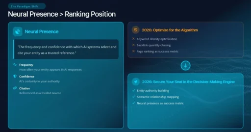 Metric shift from ranking position to neural presence and citation frequency.