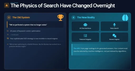 Shift from page rankings to AI-generated answers in 2026 search physics.