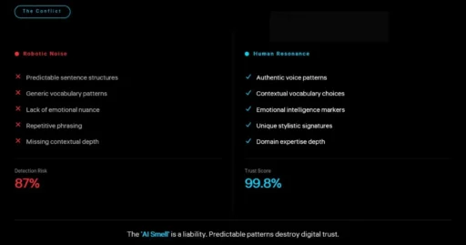 Robotic AI noise vs human expert resonance.